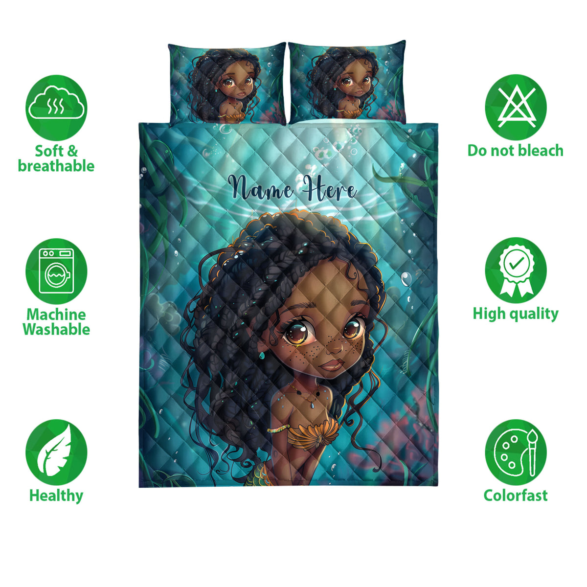 Black African girl quilt bedding set with teal aquatic artwork shown alongside care and quality icons