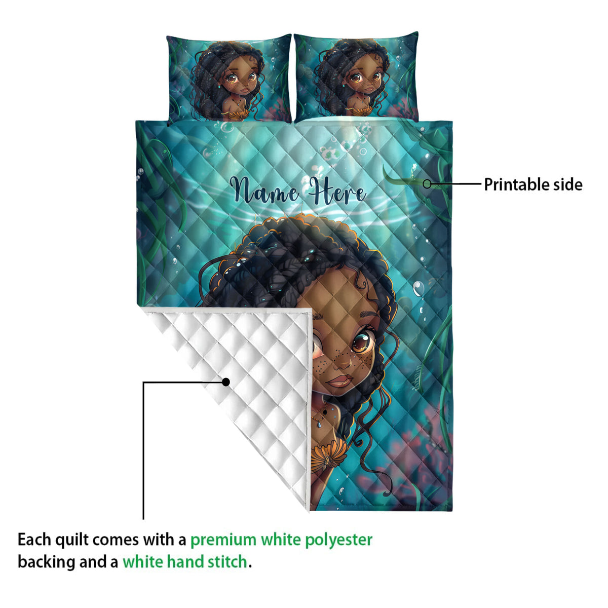 Black African girl quilt blanket showing the vibrant printed front and white quilted reverse