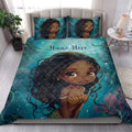 Black African girl quilt bedding displayed in a bright bedroom with teal aquatic decor