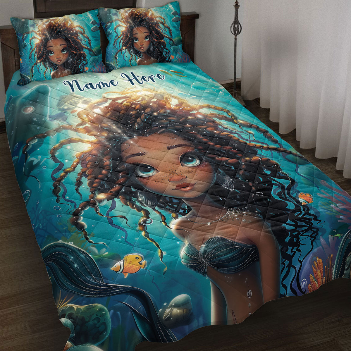 Black African girl quilt blanket with braided hair, turquoise underwater artwork, fish, coral, and pillowcases on a bed