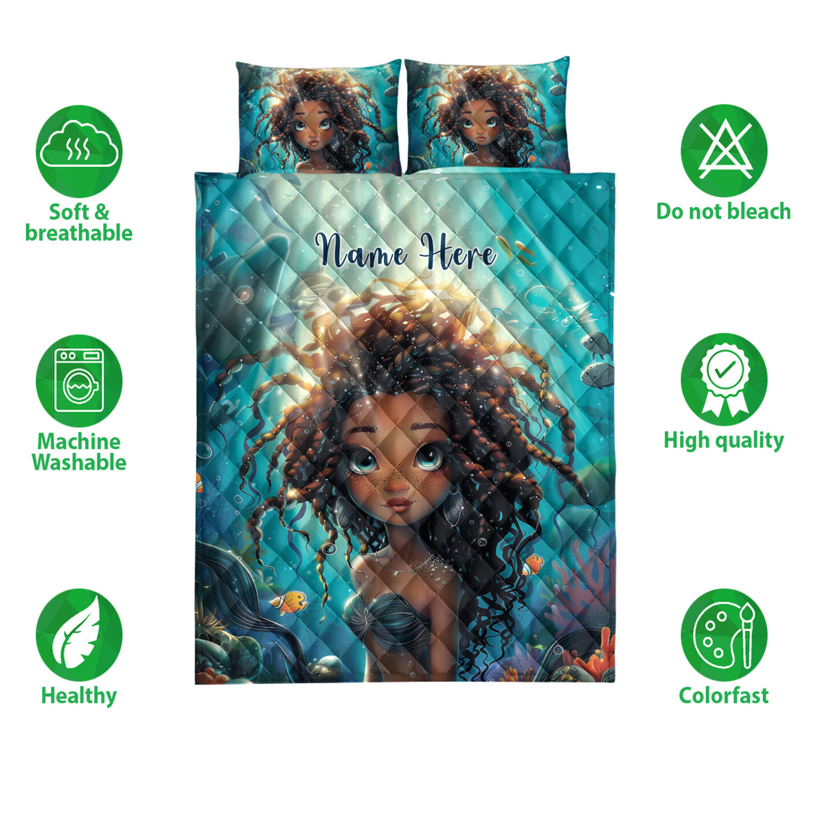 Black girl underwater quilt bedding set with braided portrait, turquoise ocean artwork, fish, coral, and product feature icons