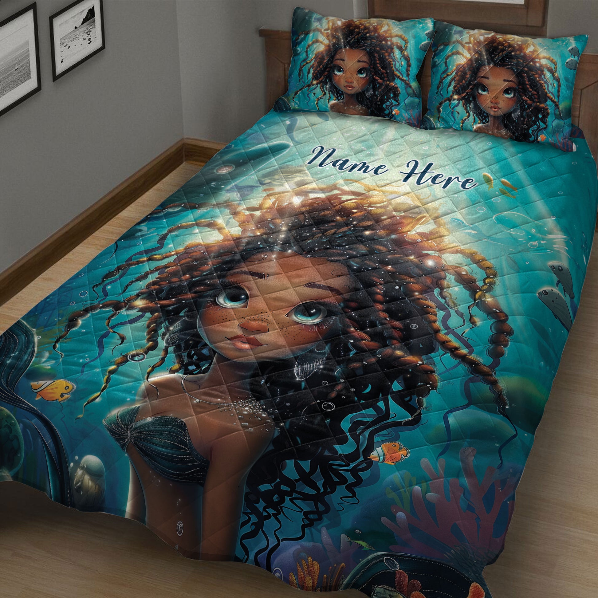 Close bedroom view of a Black girl quilt blanket with braids, ocean life, coral, fish, and vivid turquoise artwork