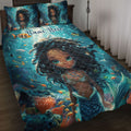 Black African girl mermaid quilt blanket spread across a bed with coral, fish, and turquoise underwater artwork