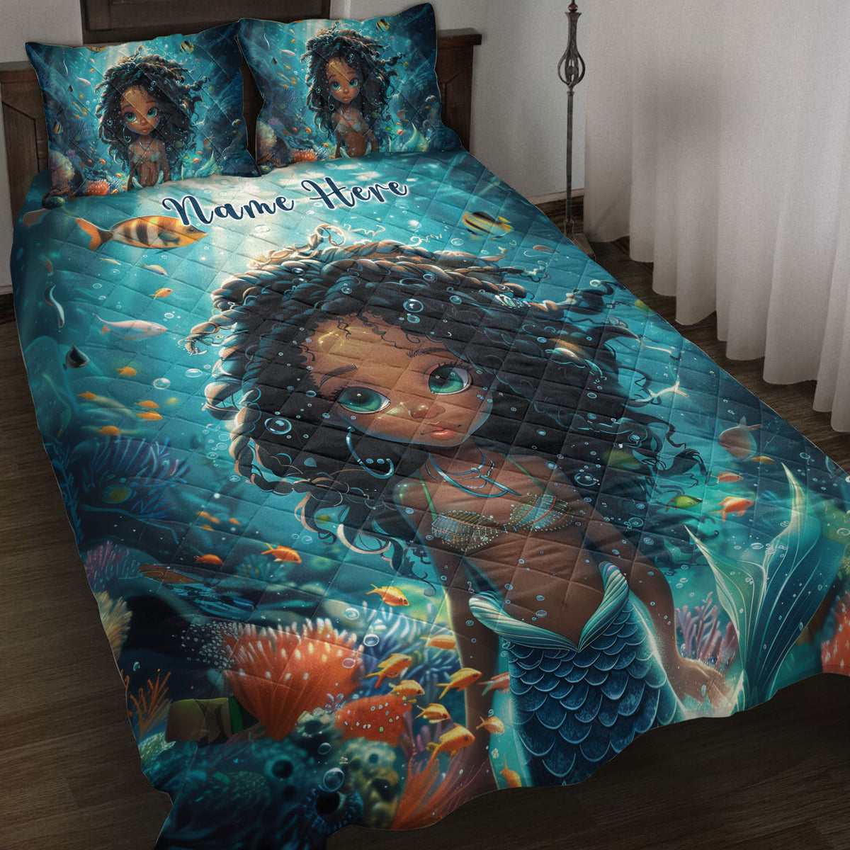 Black African girl mermaid quilt blanket spread across a bed with coral, fish, and turquoise underwater artwork