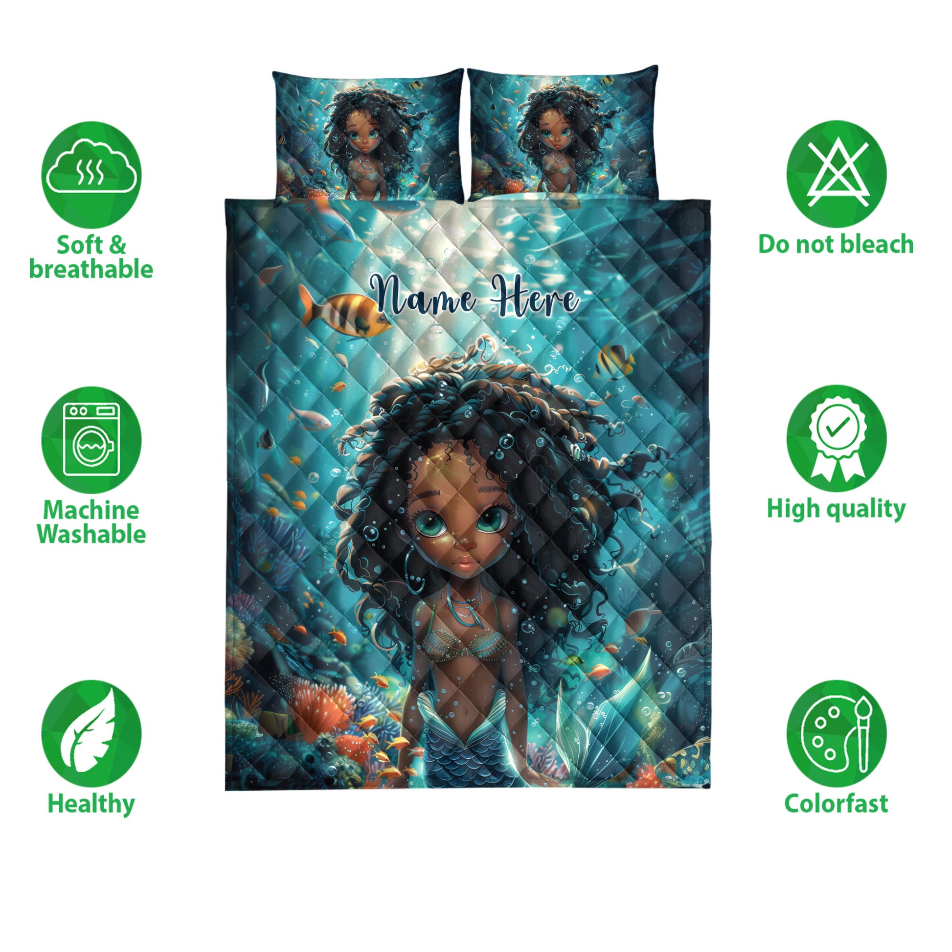 Black African girl mermaid quilt bedding set shown with underwater artwork and soft breathable feature icons