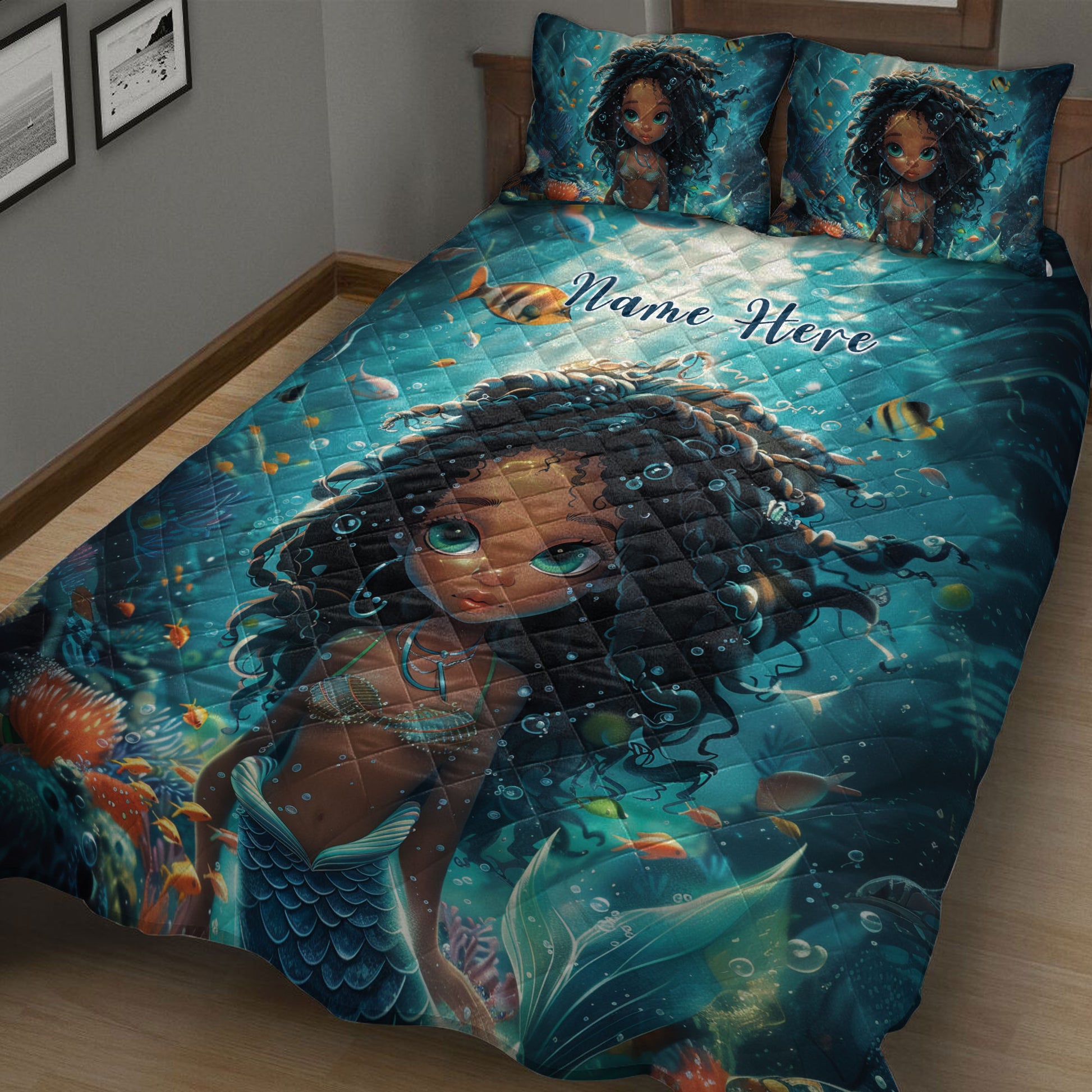 Close bedroom view of a Black African girl mermaid quilt blanket with colorful ocean life artwork