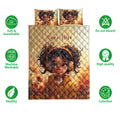 Black African girl headphone artwork on a quilt blanket with warm floral colors and bedding features