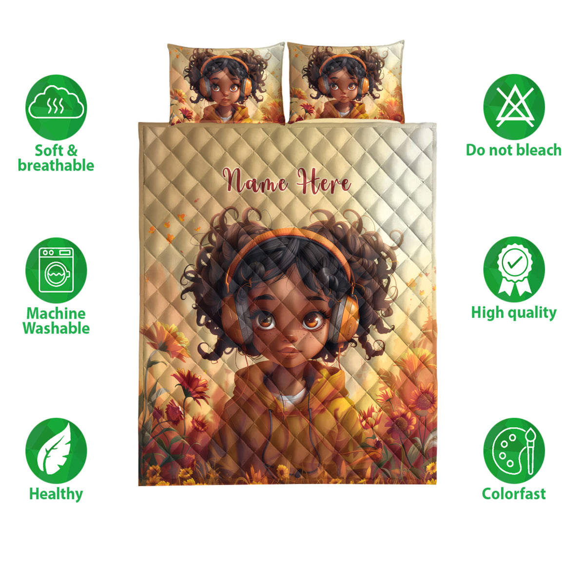 Black African girl headphone artwork on a quilt blanket with warm floral colors and bedding features