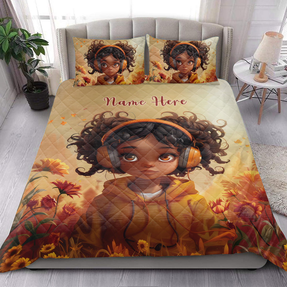 Black African girl floral quilt blanket styled across a bed in a bright contemporary bedroom