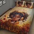 Detailed bedroom view of a Black African girl wearing headphones on a colorful floral quilt