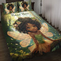 Black African girl fairy quilt blanket displayed on a bed with matching illustrated pillowcases