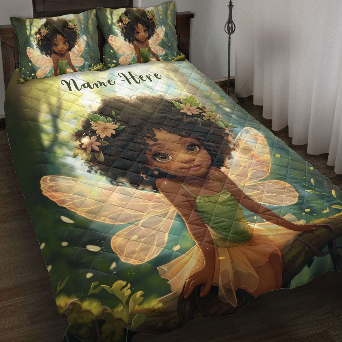 Black African girl fairy quilt blanket displayed on a bed with matching illustrated pillowcases