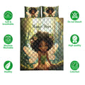 Black girl fairy quilt bedding set shown with soft breathable and colorful product feature icons