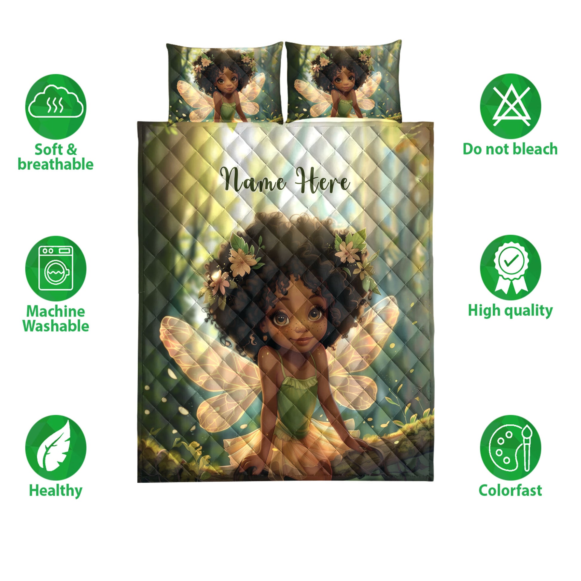 Black girl fairy quilt bedding set shown with soft breathable and colorful product feature icons