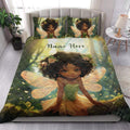Black girl fairy quilt bedding styled in a bright bedroom with floral woodland artwork