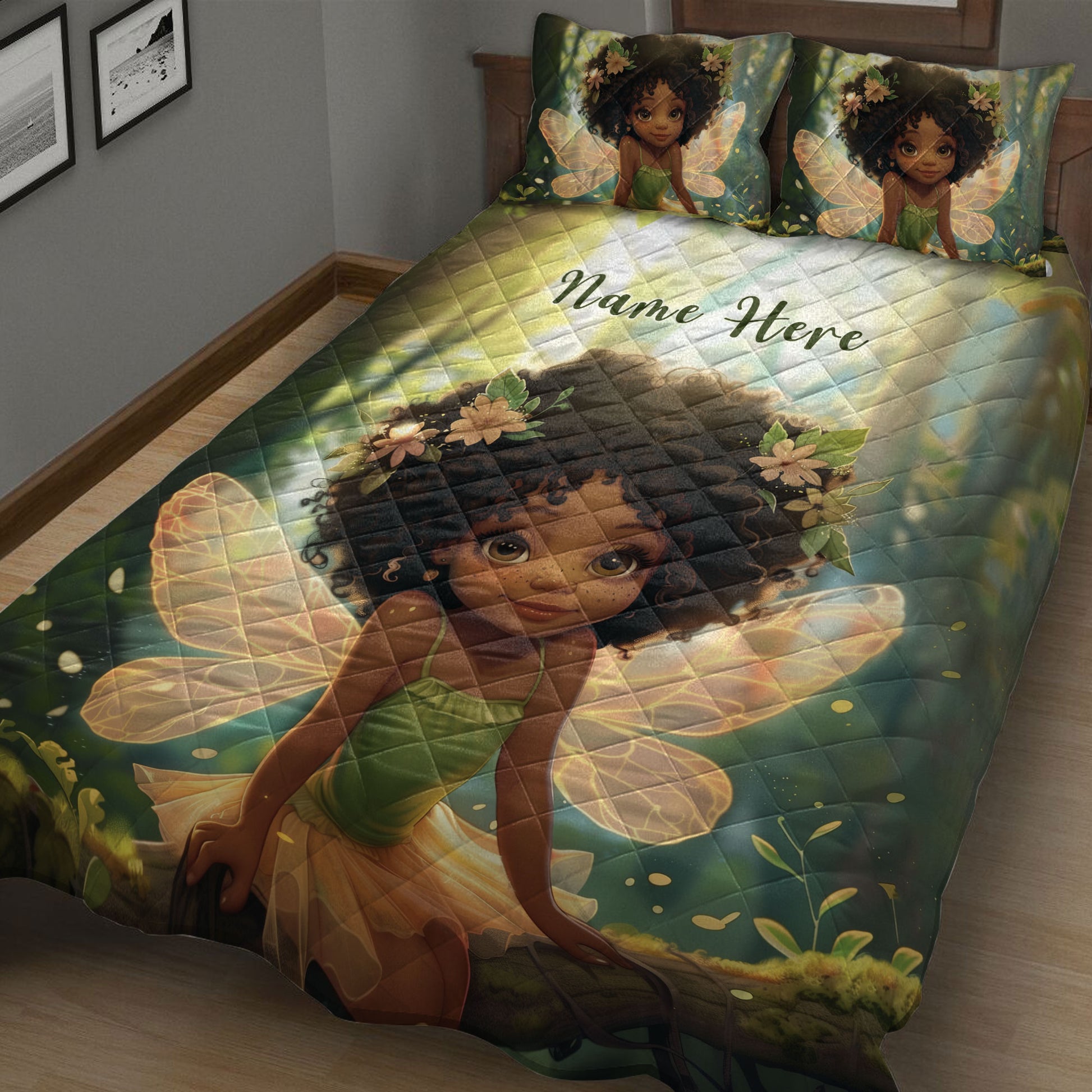 Close view of a Black African girl fairy quilt blanket with glowing wings and flower details