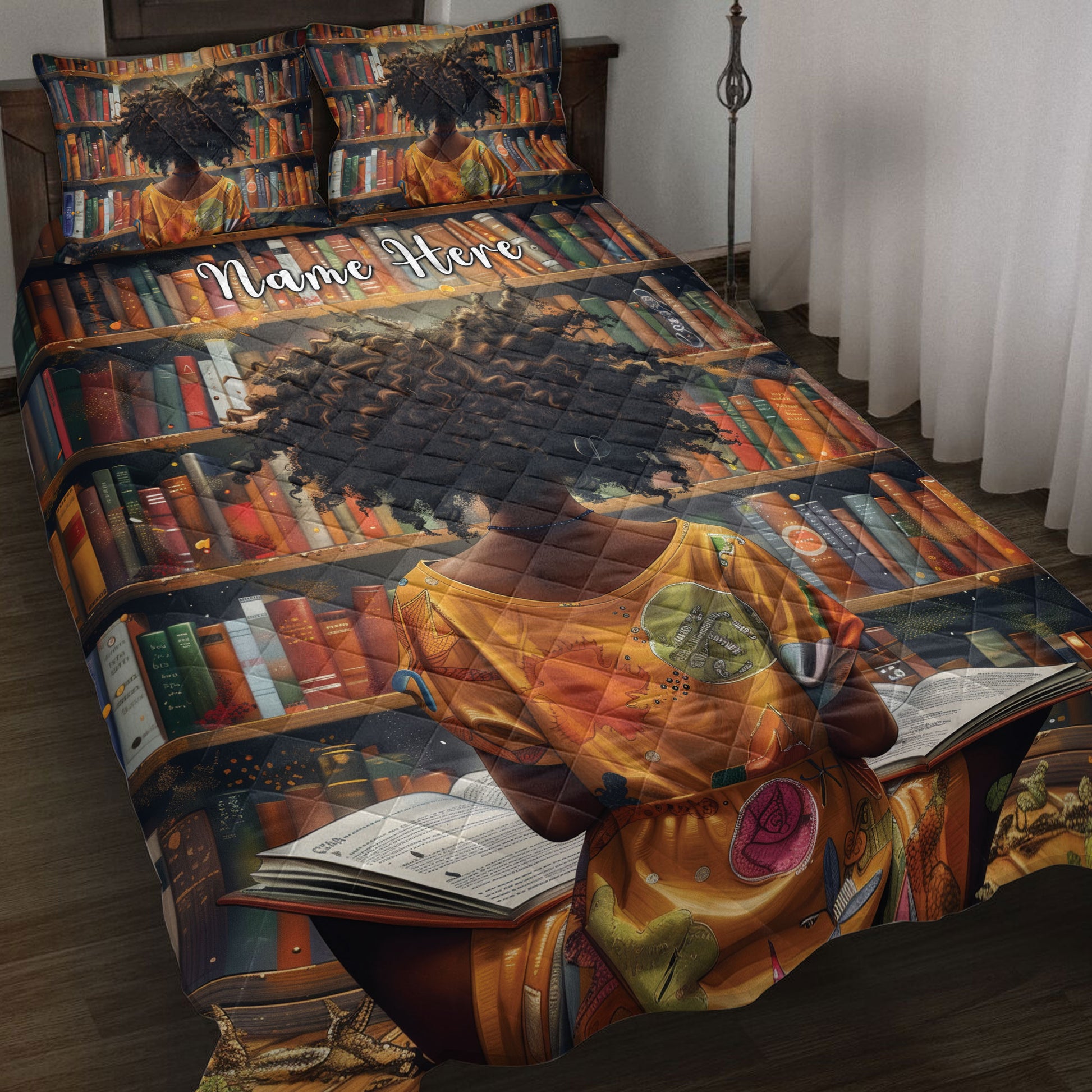 Black African girl quilt blanket displayed on a bed with bookshelves, open books, and rich brown and gold artwork