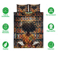 Black African girl quilt bedding set shown front-facing with colorful bookshelves and open-book artwork