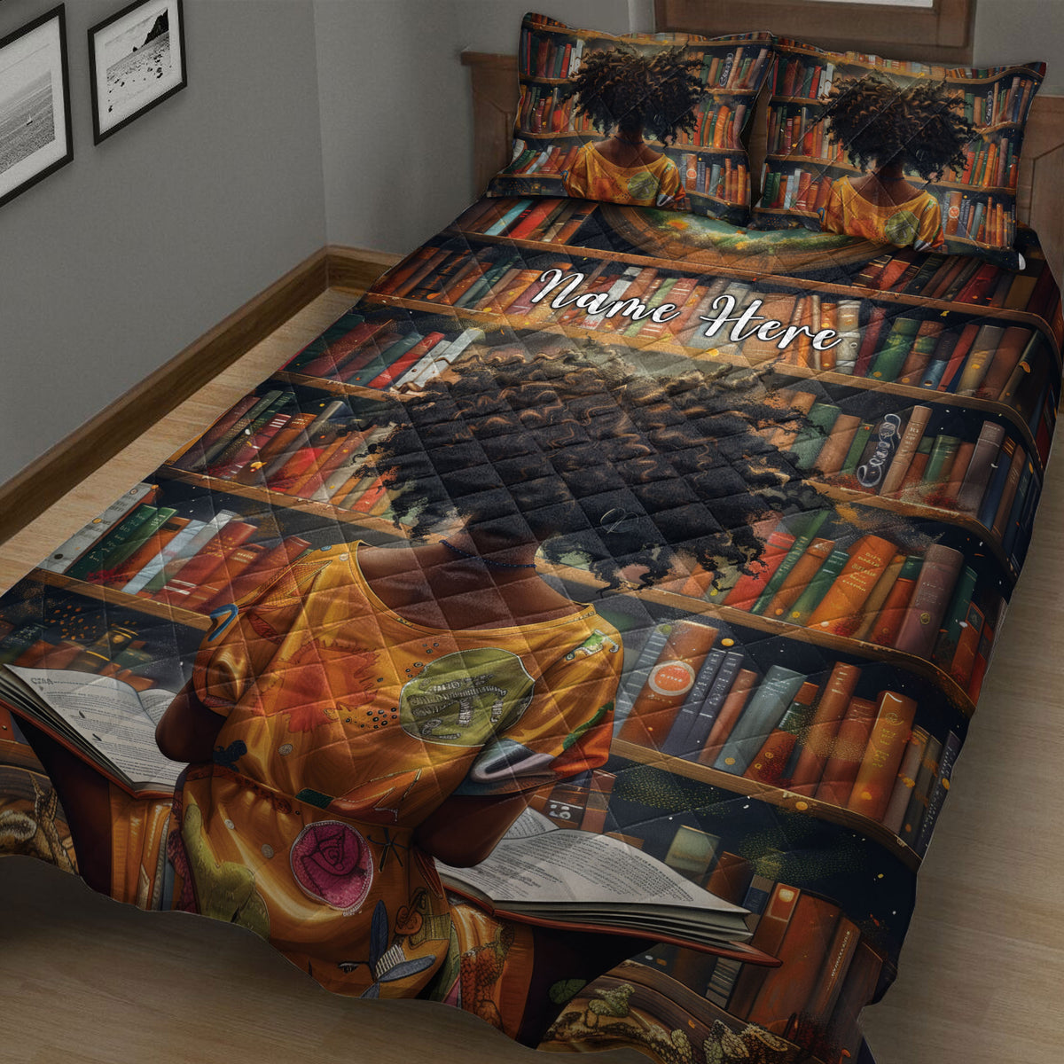 Book-themed Black African girl quilt blanket displayed across a bed with colorful books and open-book illustrations
