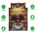 Library-themed Black girl quilt bedding set shown with soft breathable and care feature icons