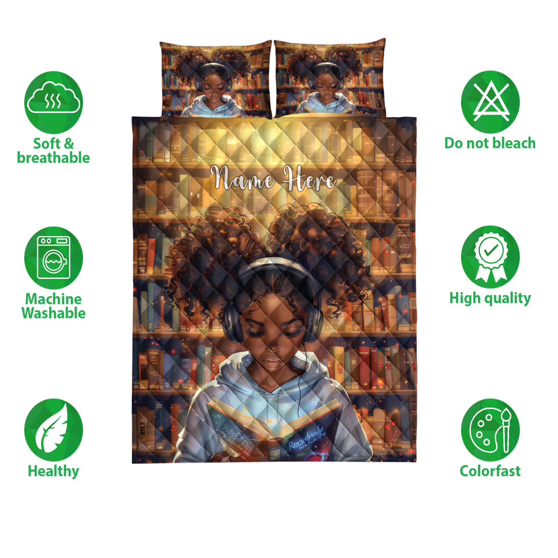 Library-themed Black girl quilt bedding set shown with soft breathable and care feature icons