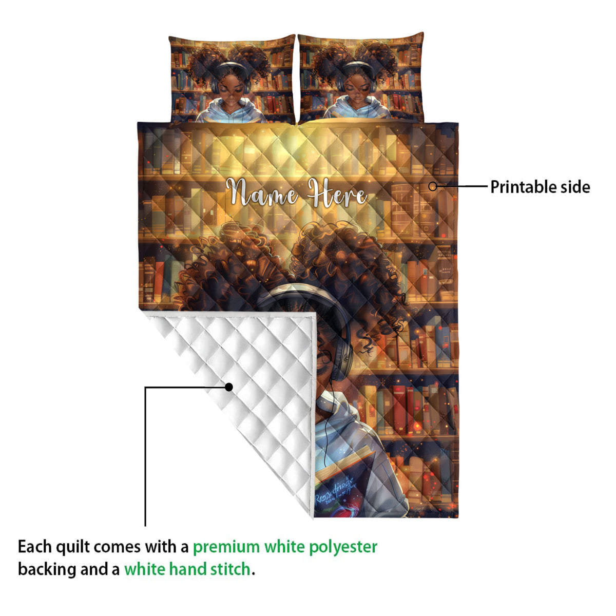 Library-themed quilt blanket shown with a printed front and white quilted backing detail