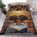 Black girl reading quilt blanket styled in a bright bedroom with matching library-themed pillows