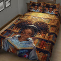 Close bedroom view of a Black African girl reading on a warm library-themed quilt blanket