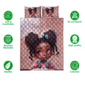 Black girl quilt bedding design shown with matching character artwork and product feature icons