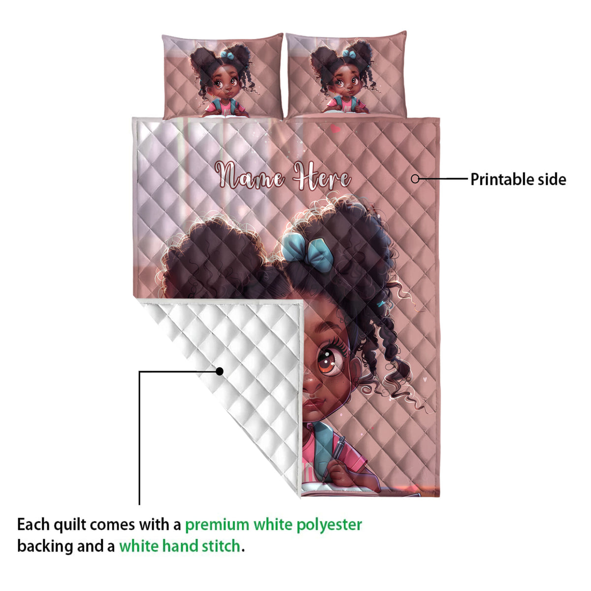 Black girl quilt blanket shown with a printed front and white quilted backing detail
