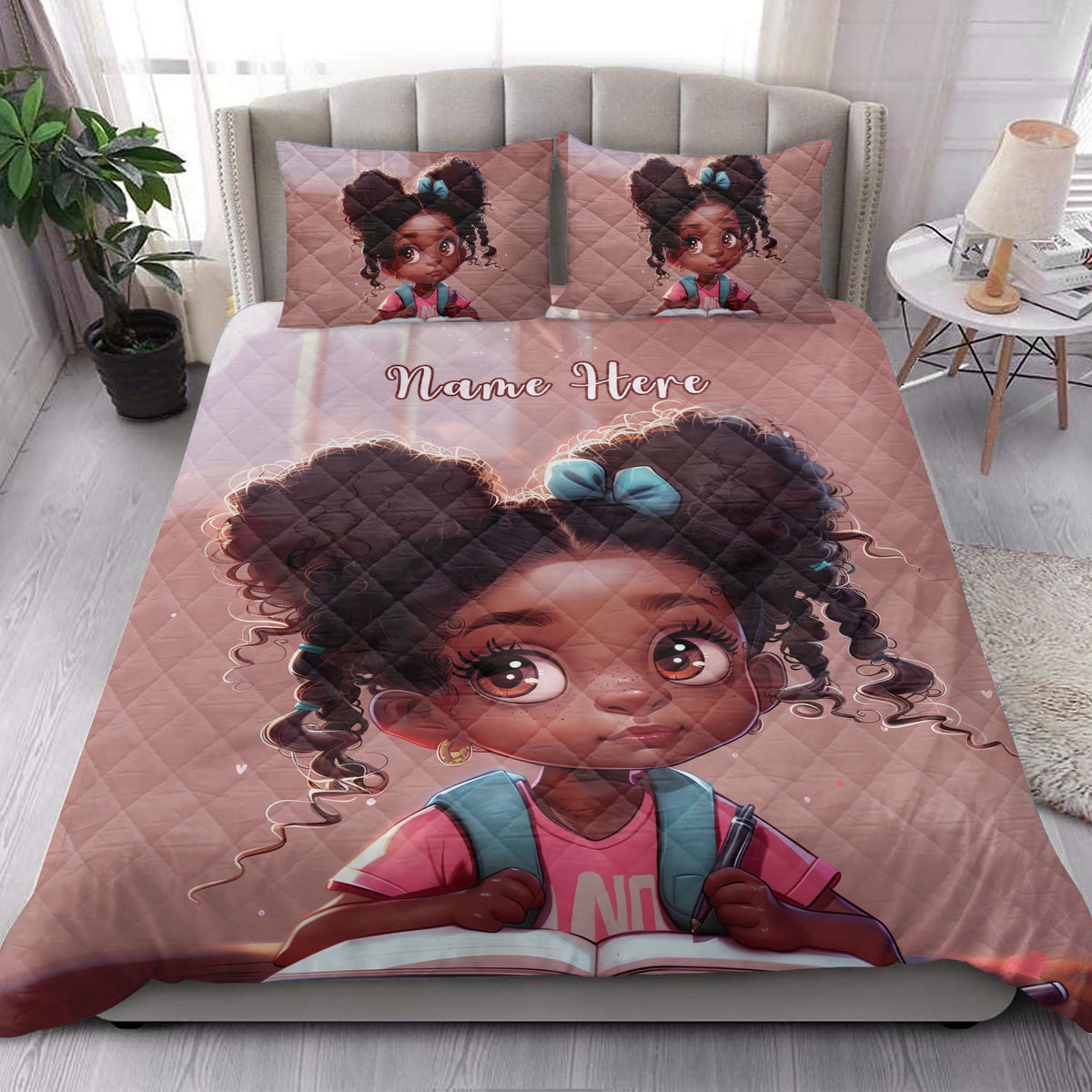 Bedroom scene featuring a pink Black girl quilt blanket with matching character artwork on the bed