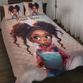 Black girl character quilt blanket displayed on a bed with illustrated student artwork and coordinating pillows