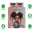 Black girl quilt bedding set shown on a white background with product feature icons and coordinating pillows