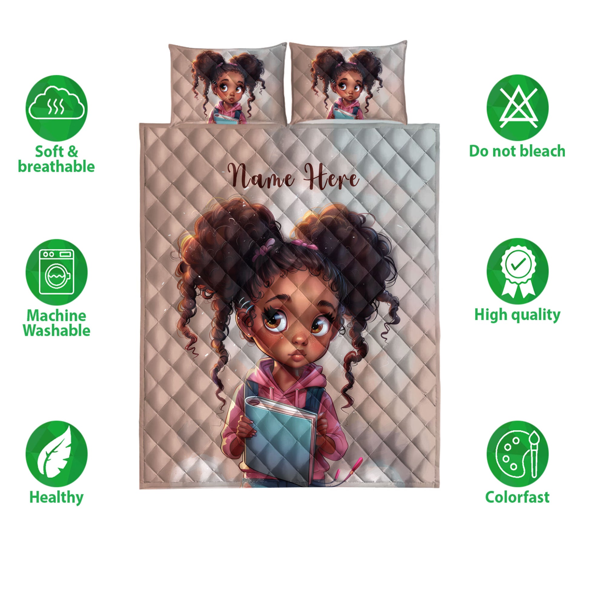 Black girl quilt bedding set shown on a white background with product feature icons and coordinating pillows
