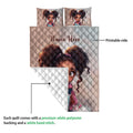 Black girl quilt blanket shown with printed front and white quilted backing details