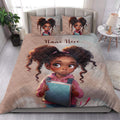 Black girl quilt bedding set styled in a bright bedroom with illustrated character artwork