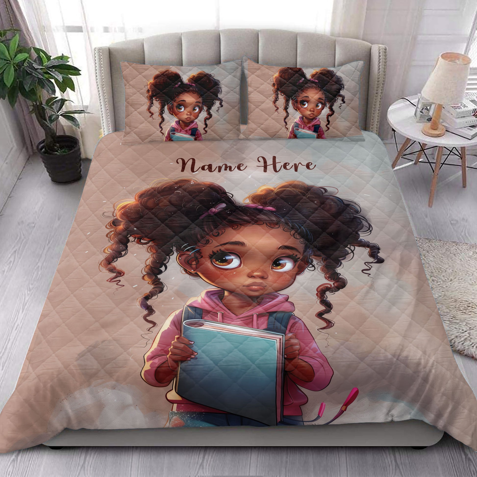 Black girl quilt bedding set styled in a bright bedroom with illustrated character artwork
