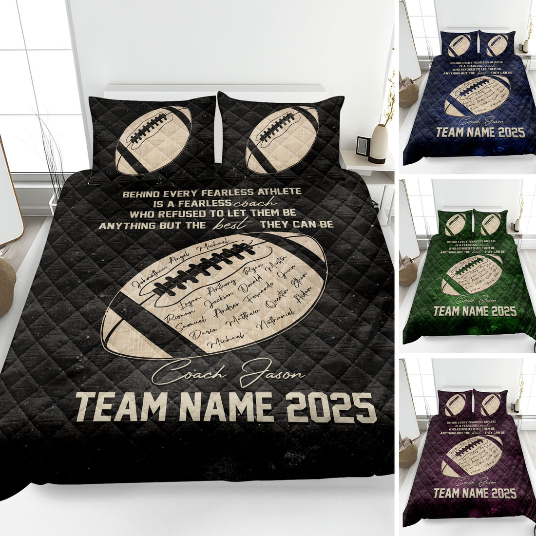 Football quilt blanket displayed on a bed with oval football artwork and dark color options