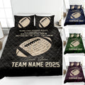 Football quilt blanket displayed on a bed with oval football artwork and dark color options