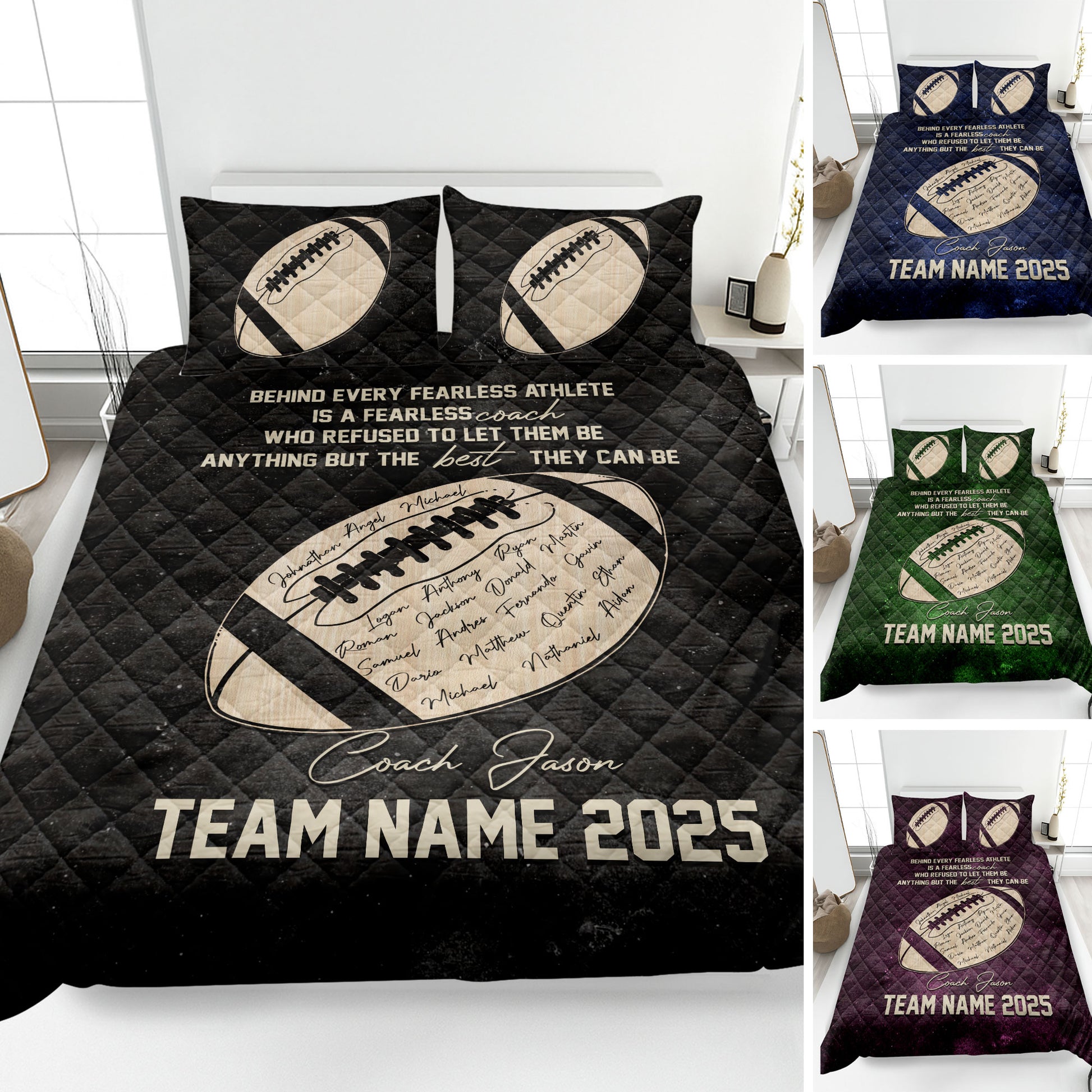 Football quilt blanket displayed on a bed with oval football artwork and dark color options