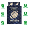 Blue football quilt bedding set shown with soft breathable and washable product feature icons