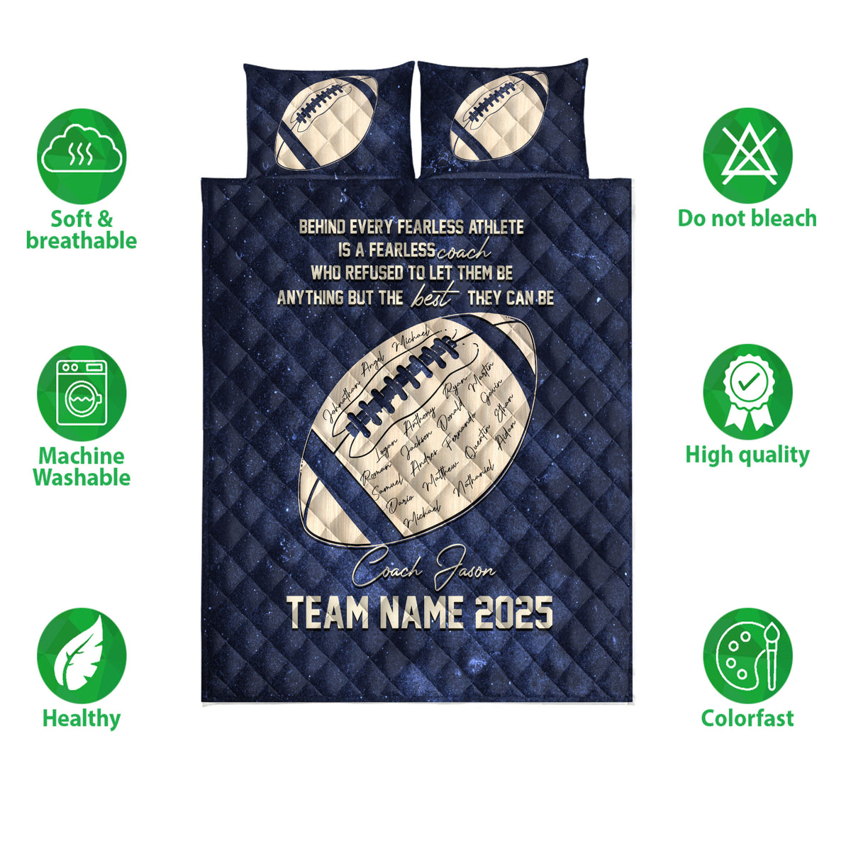 Blue football quilt bedding set shown with soft breathable and washable product feature icons