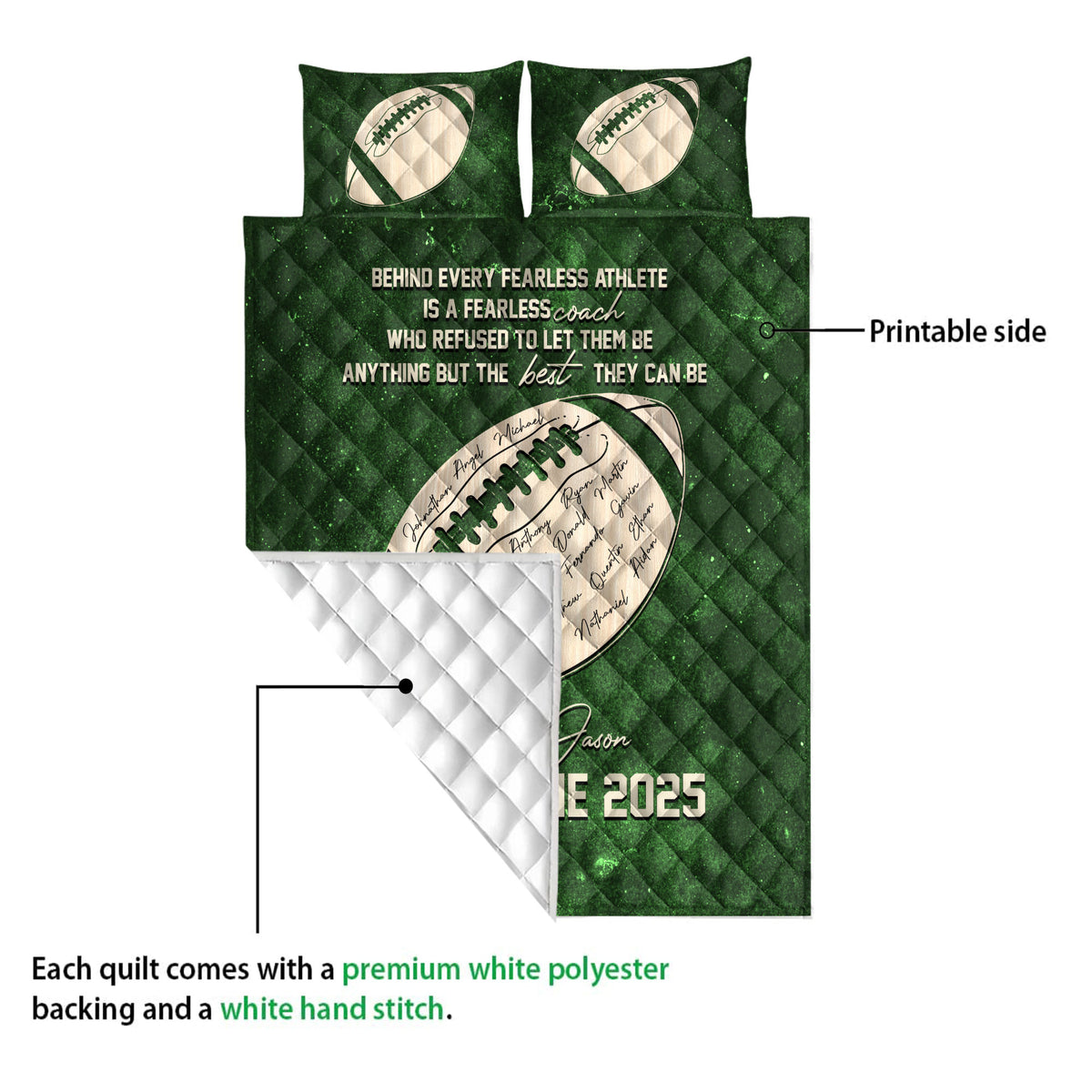 Green football quilt blanket folded to show the printed front and white quilted backing