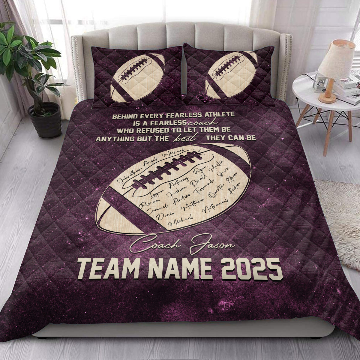 Purple football quilt blanket styled on a bedroom bed with inspirational coach artwork