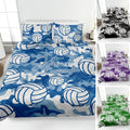 Blue volleyball quilt blanket with camouflage pattern, bed presentation, and color variation previews