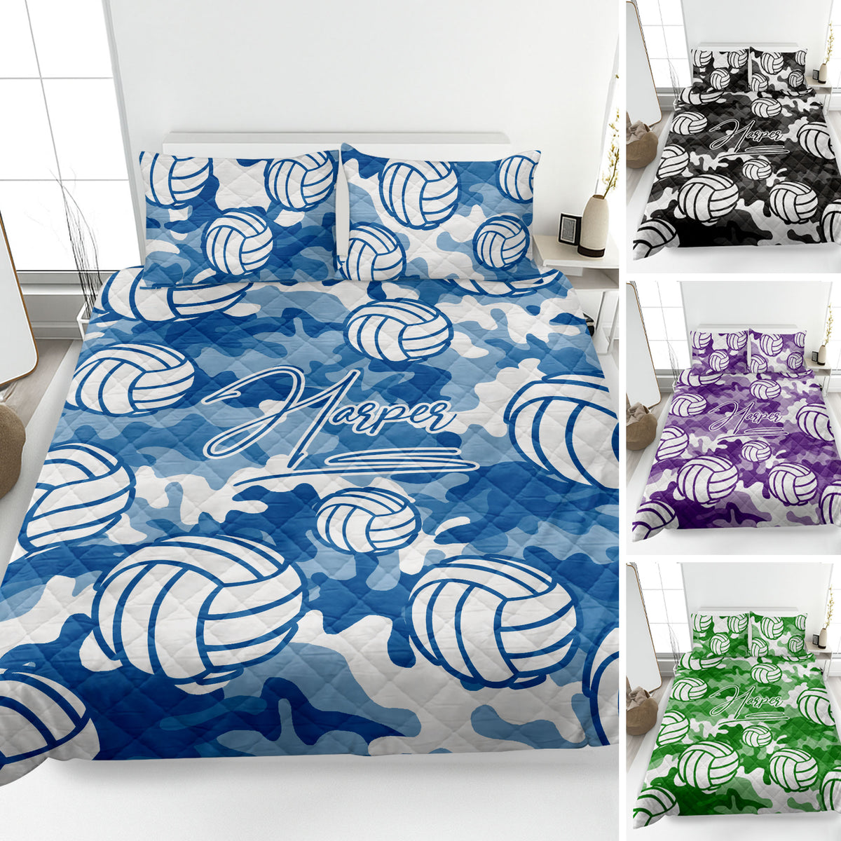 Blue volleyball quilt blanket with camouflage pattern, bed presentation, and color variation previews