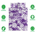 Purple volleyball quilt blanket and pillowcase option shown with care and quality feature icons