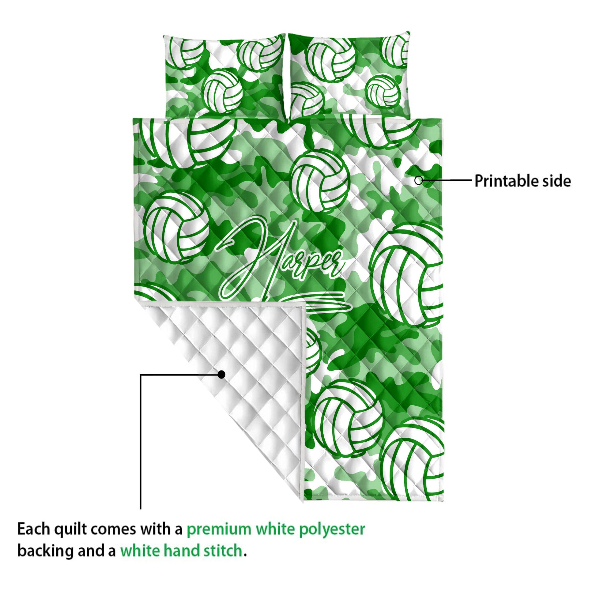 Green volleyball quilt blanket showing the printed side and white quilted backing detail