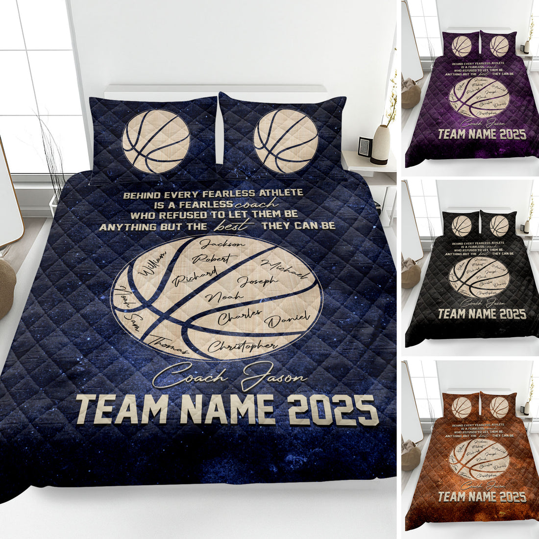 Basketball quilt blanket displayed on a bed with basketball artwork, team message, and dark blue colorway