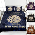 Basketball quilt blanket displayed on a bed with basketball artwork, team message, and dark blue colorway